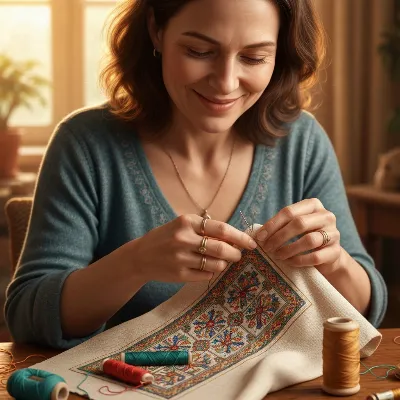 Celia Harper enjoying cross stitching with vibrant threads
