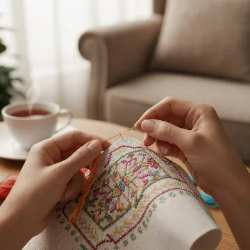 Close-up of hands working on an elegant cross stitch project with vibrant threads and a needle, surrounded by a cozy crafting environment.