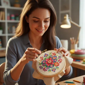 Woman happily cross stitching a vibrant pattern