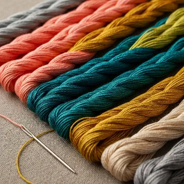 Assortment of vibrant cross stitch threads and a needle